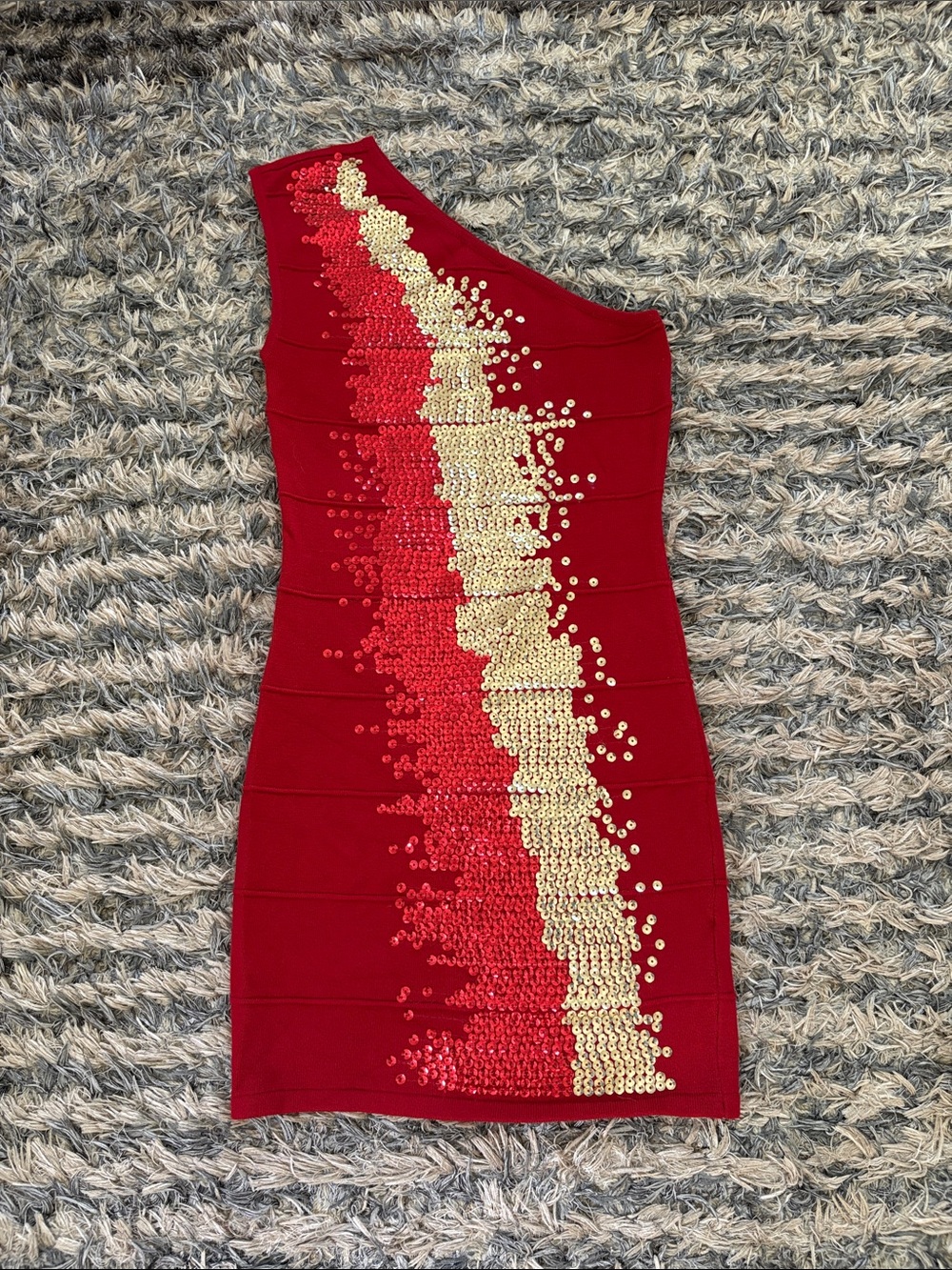 2B Bebe Red One-Shoulder Bodycon Dress with Gold & Red Sequin Stripe XS